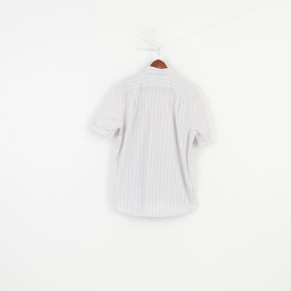 Hugo Boss Men 44 17.5  Casual Shirt Short Sleeve  Cotton Classic Striped White Top