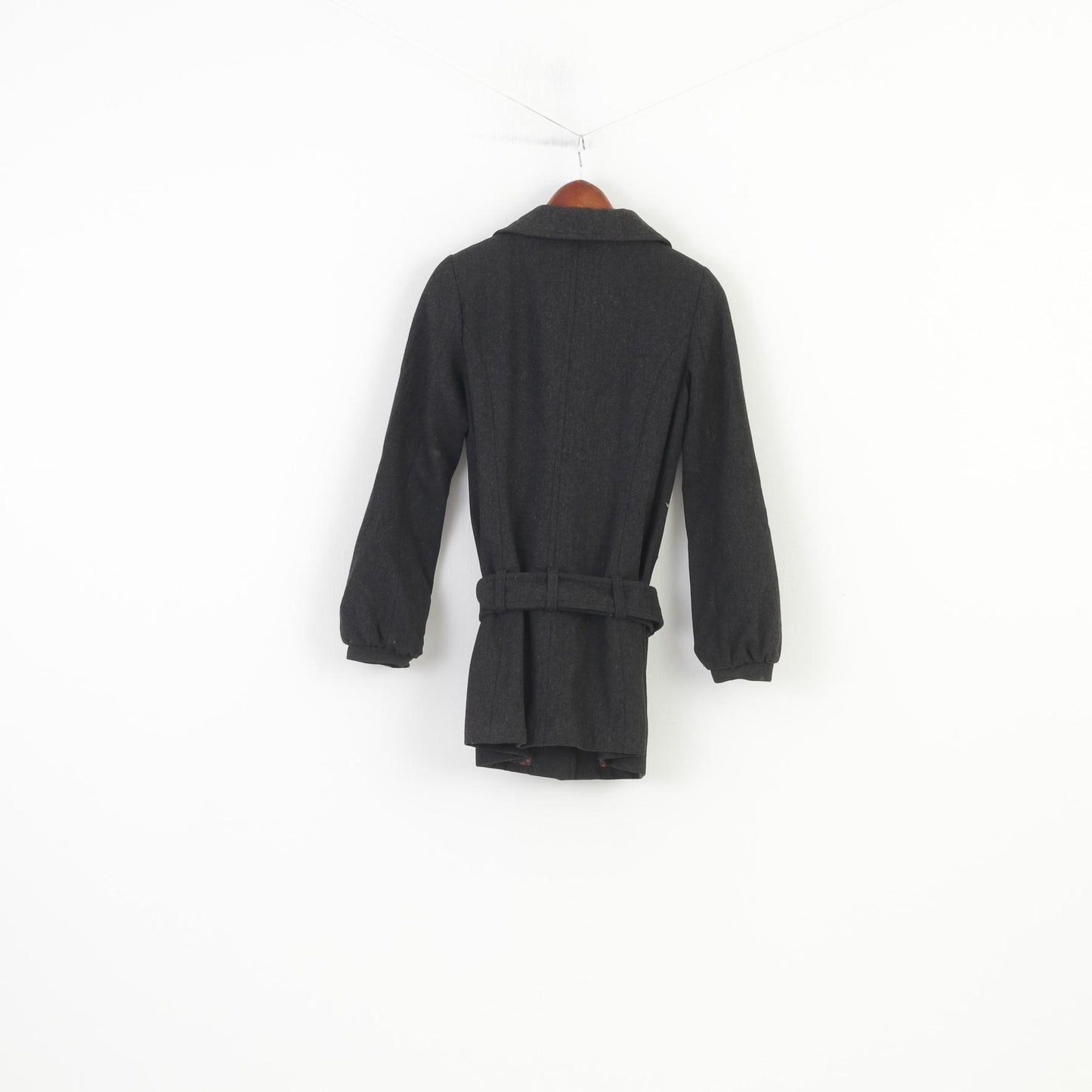 Clockhouse Women 34 S Coat Jacket Dark Grey Wool Bottoms Vintage Collar Belt  Top