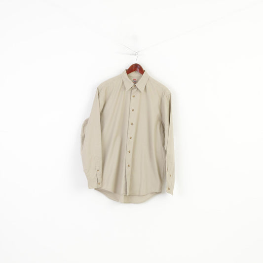 Levi's Men M Casual Shirt Beige Cotton Detailed Buttons Long Sleeve Collar Classic Top