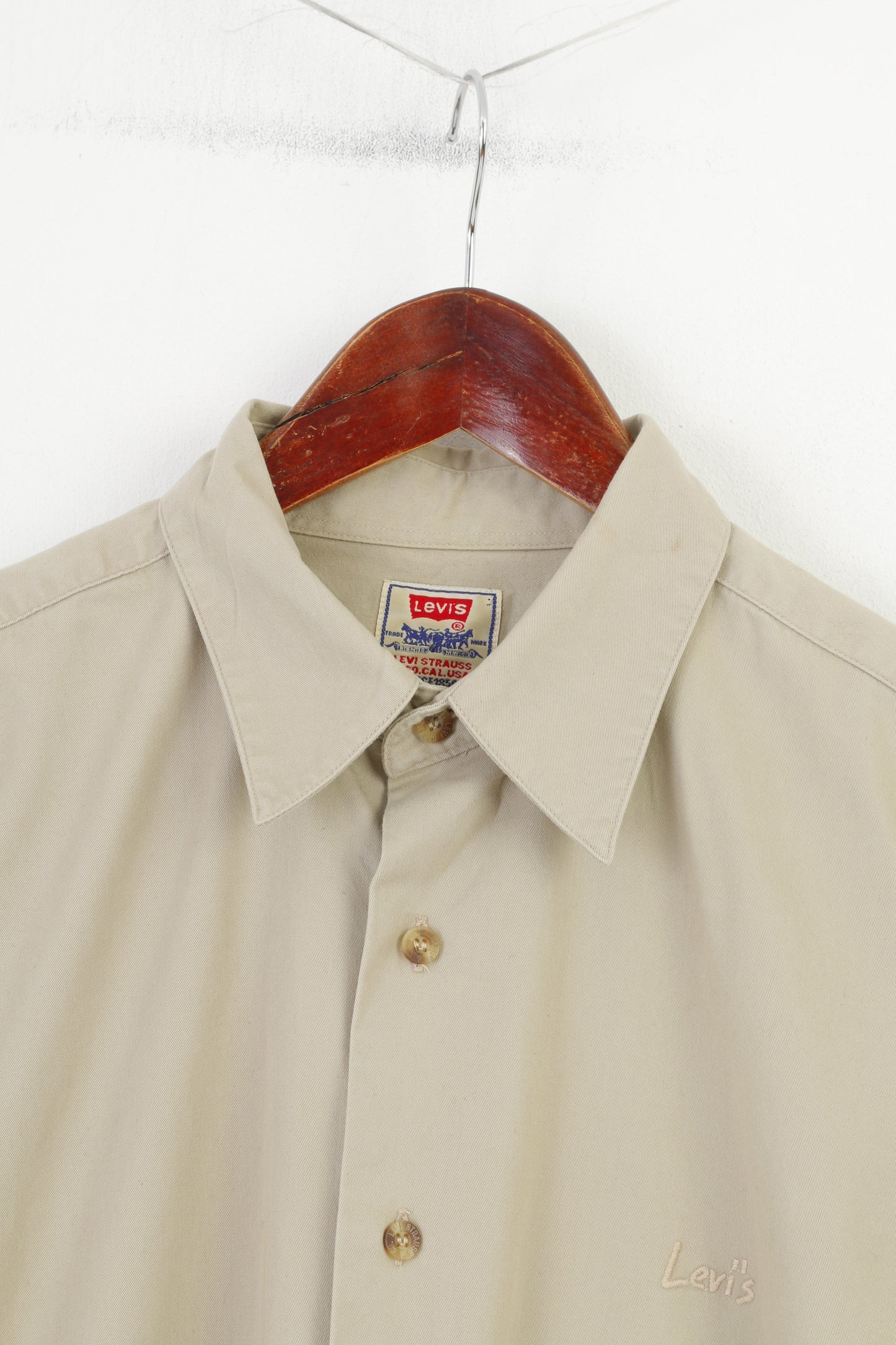Levi's Men M Casual Shirt Beige Cotton Detailed Buttons Long Sleeve Collar Classic Top