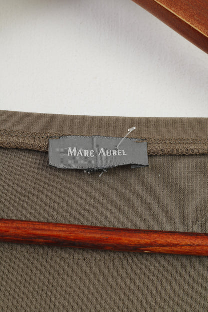 Marc Aurel Women L Shirt Khaki Cotton Stretch Printed Flowers V Neck Vintage Short Sleeve Top