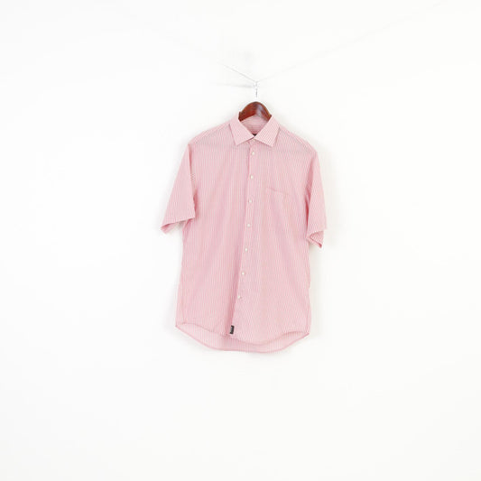 Strellson Men 40 15 3/4 Casual Shirt Pink Striped Cotton Short Sleeve Top