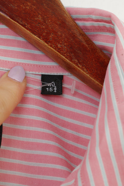 Strellson Men 40 15 3/4 Casual Shirt Pink Striped Cotton Short Sleeve Top