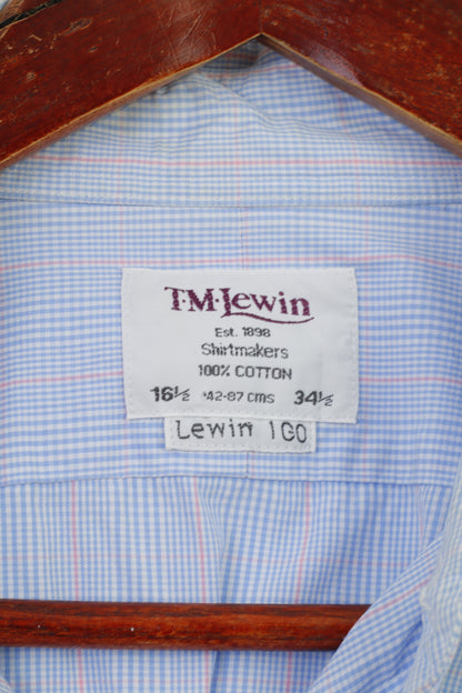 TM Lewin Men 34.5 L Casual Shirt Blue Checkered Cotton Cuffs Long Sleeve Classic Top
