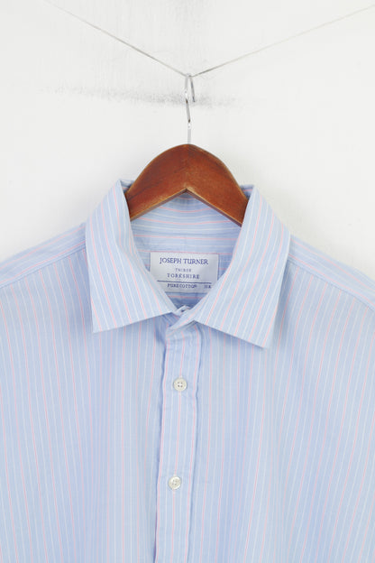 Joseph Turner Men 35 XL Casual Shirt Cuffs Blue Cotton Striped Long Sleeve Classic Top