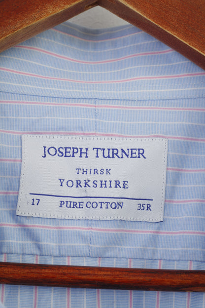 Joseph Turner Men 35 XL Casual Shirt Cuffs Blue Cotton Striped Long Sleeve Classic Top