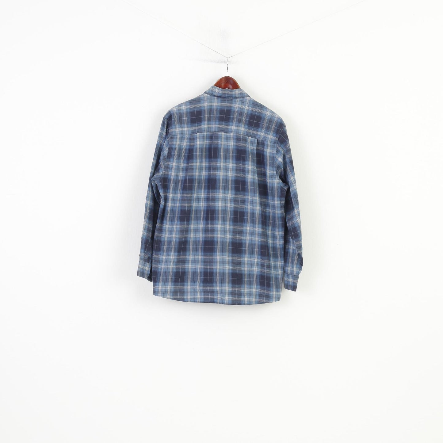Globetrotter Men L 4142 Casual Shirt Checkered  Down Collar Blue Long Sleeve Cotton Top