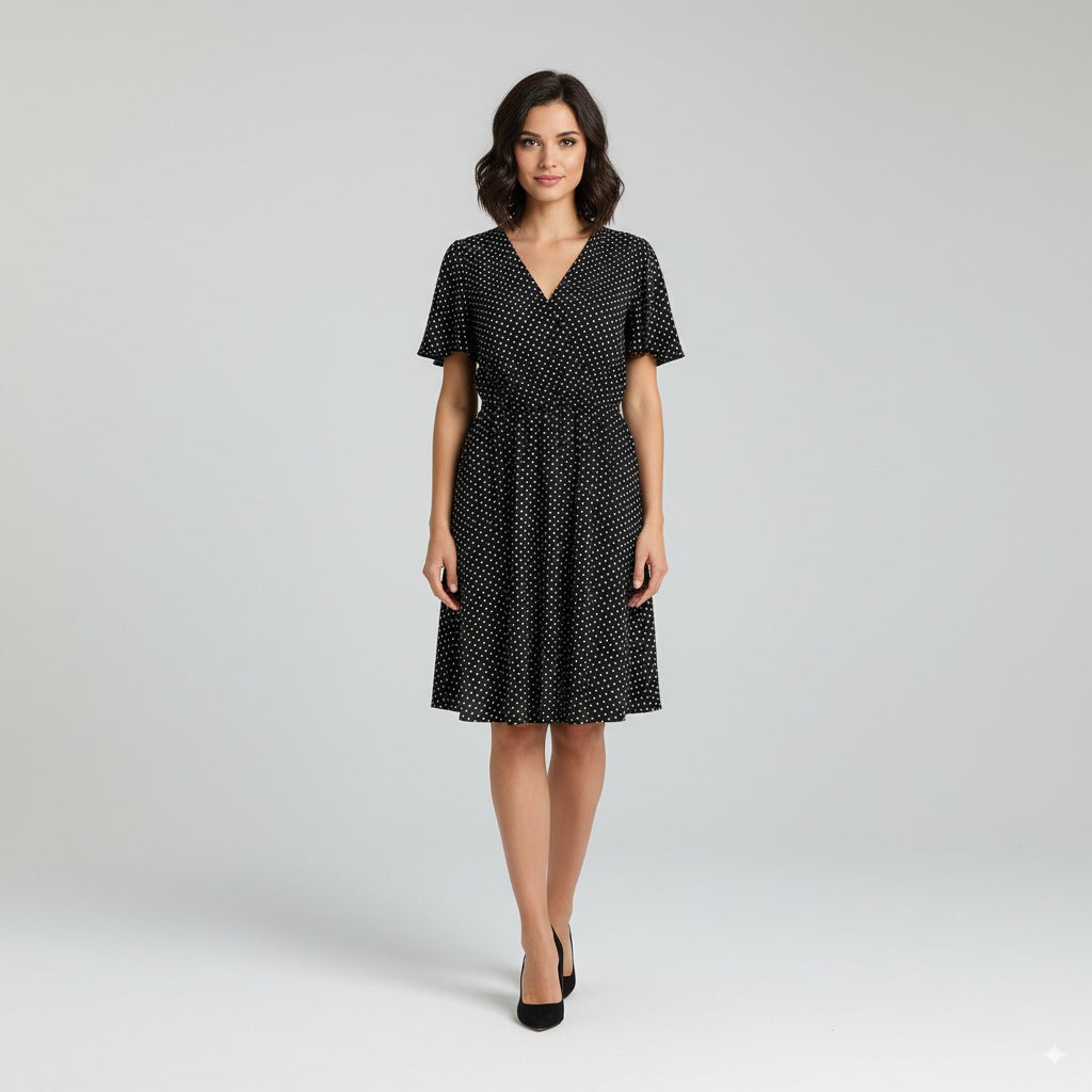 Monteau Los Angeles Women L (M) Midi Dress Black White Dots Vintage Style Monteau Los Angeles Women L (M) Midi Dress Black White Dots Vintage Style