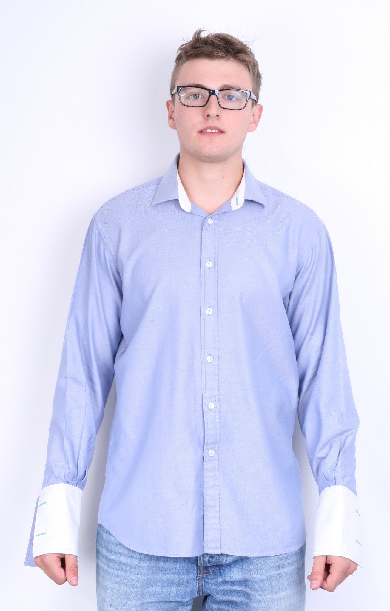 T.M. Lewin Mens 16.5/34.5 XXL Casual Shirt Blue Slim Fit Cotton