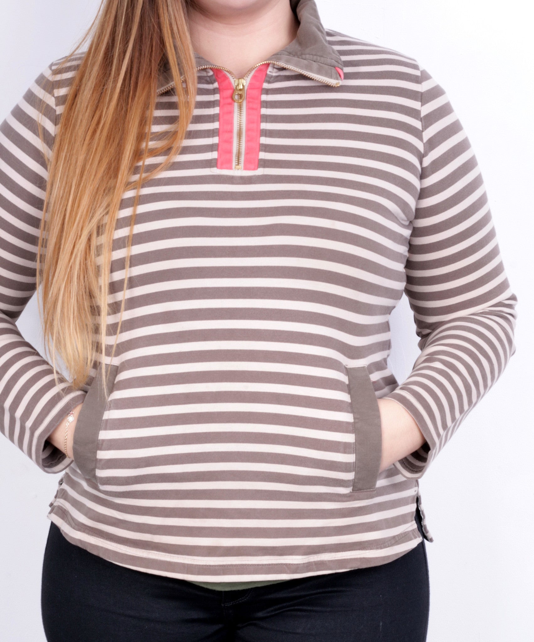 Tom Joule Womens L Sweatshirt Striped Brown Beige Zip Neck Cotton - RetrospectClothes