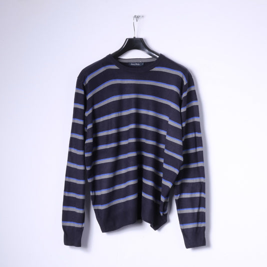 James Pringle Mens L Jumper Navy Striped 100% Acrylic Classic Sweater