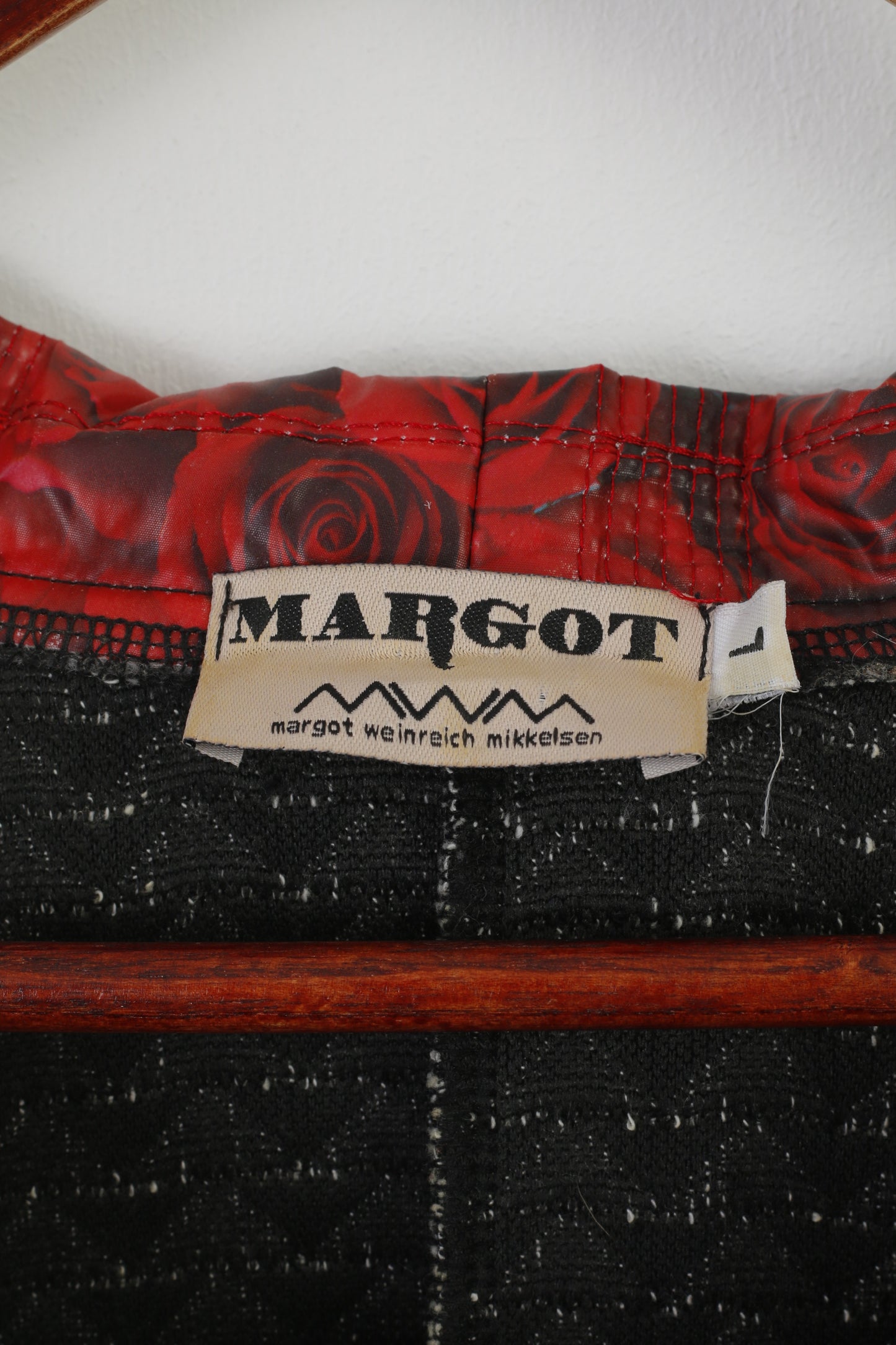 Margot Women L Midi Dress Black White Cotton Vintage Roses Stretch Pencil Crew Neck