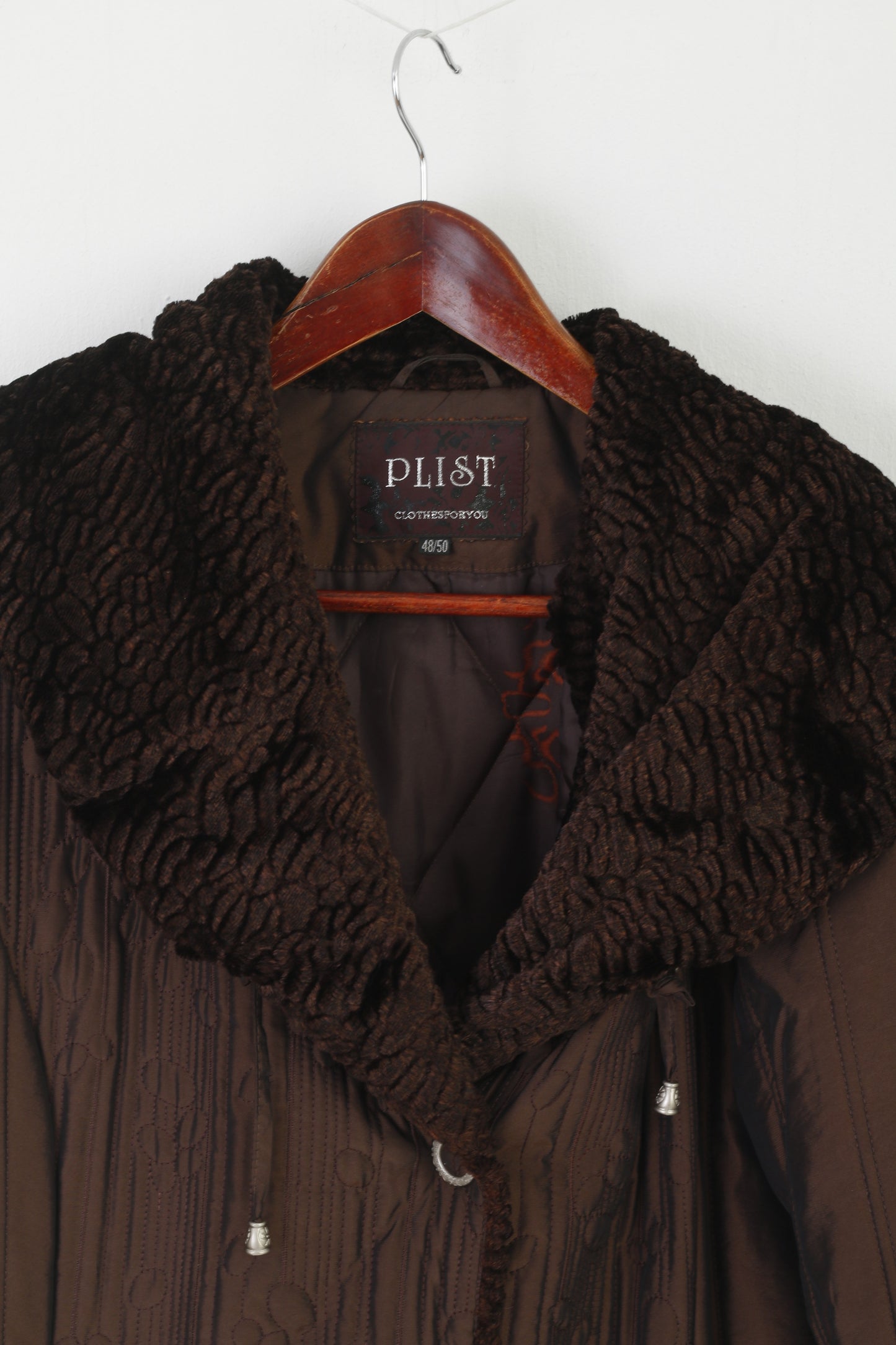Plist Women 48 50 XL Jacket Brown Shiny Vintage Faux Fur Collar Snap Top