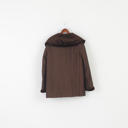 Plist Women 48 50 XL Jacket Brown Shiny Vintage Faux Fur Collar Snap Top