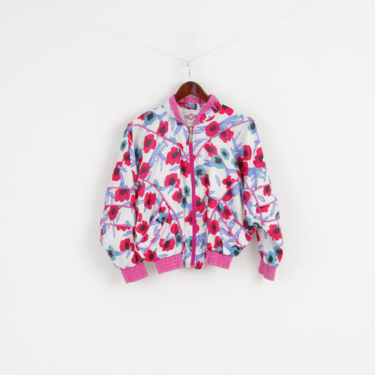 Diamond Cut By Umbro Girls 156 Jacket Pink Floral Bomber Zip Up Shpulder Pads Retro Top