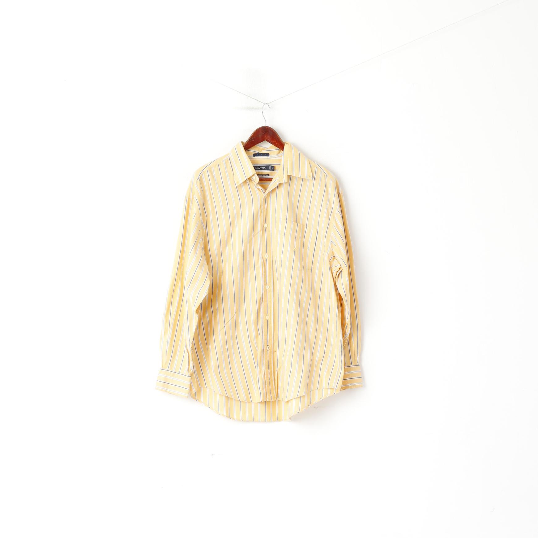 Nautica Men L Casual Shirt Yellow Striped 80s Two-Ply Cotton Long Slee ...