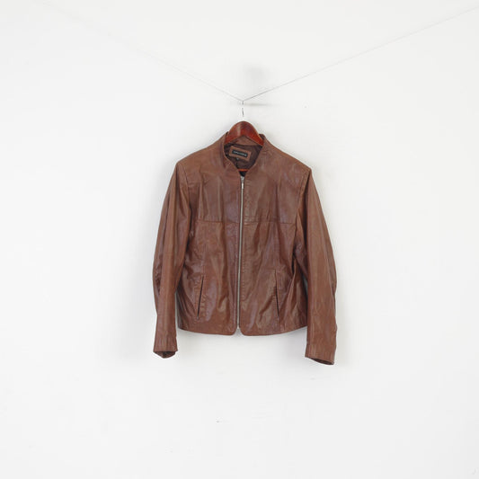 Carla Fasini Women 42 L Jacket Brown Leather Biker Full Zipper Vintage Top