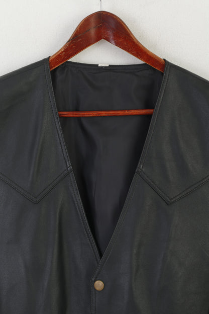 Vintage Men L Waistcoat Black Leather Snap Front Retro Pockets Western Vest