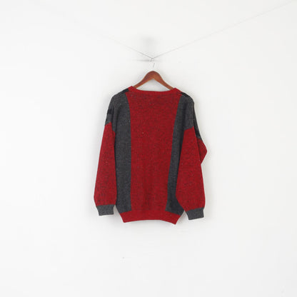 Gabicci Concept Design Men L Jumper Red Gray V Neck Vintage Classic Sweater
