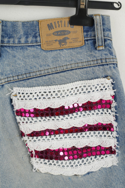 Mustang Jeans Women 32 Shorts Blue Handmade Denim Beads Cotton Summer