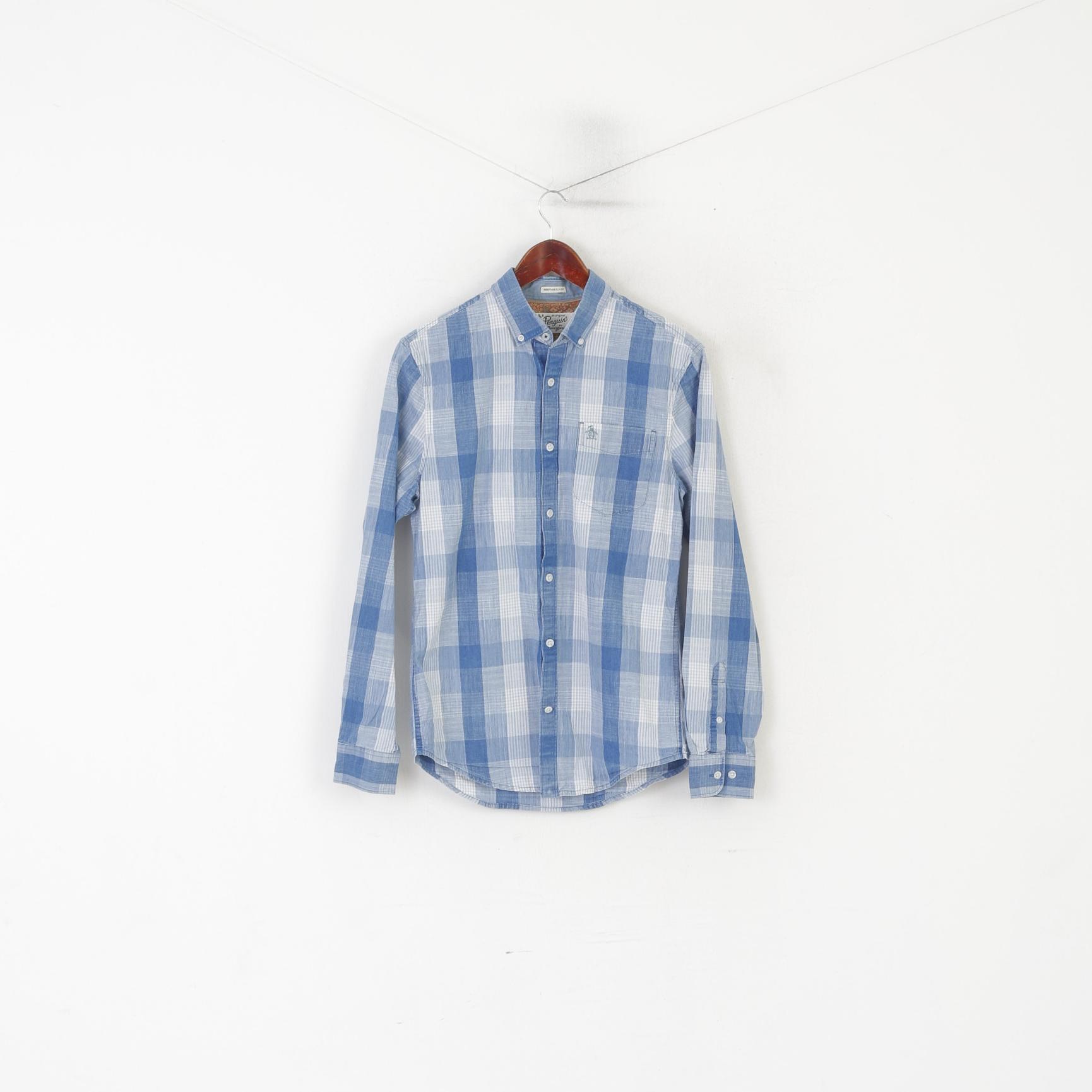 Penguin Men S Casual Shirt Blue Cotton Check Heritage Slim Fit Long Sl Retrospect Clothes Penguin Men S Casual Shirt Blue Cotton Check Heritage Slim Fit Long Sl Retrospect Clothes