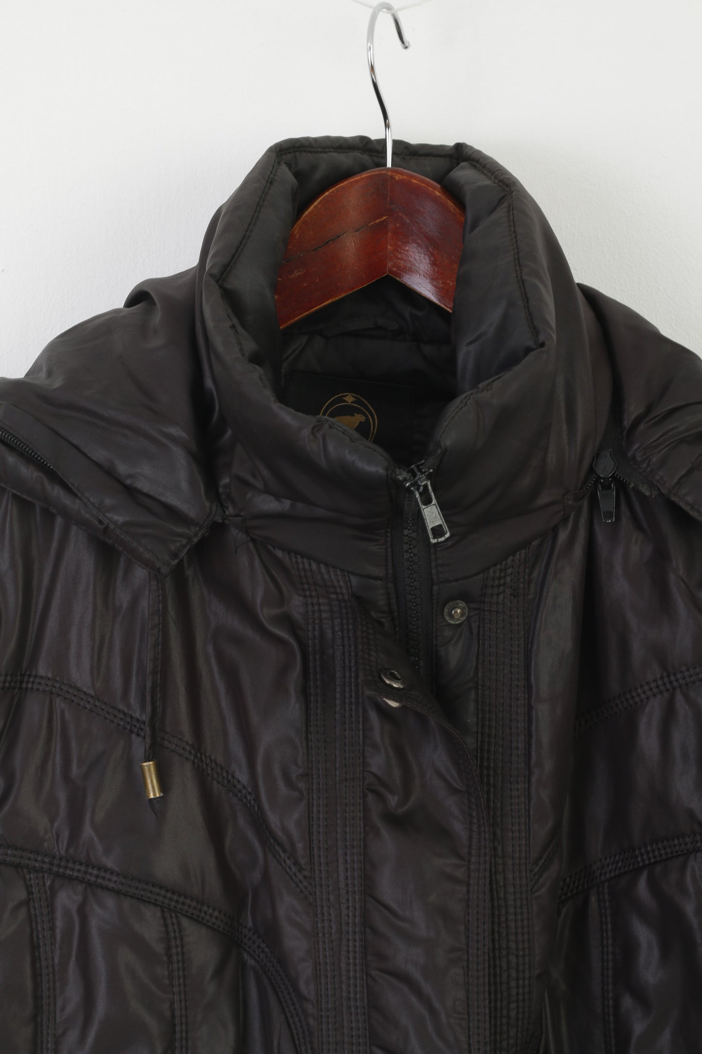 Icebear Women XXL (XL) Jacket Black Padded Hood Full Zipper Shiny Top