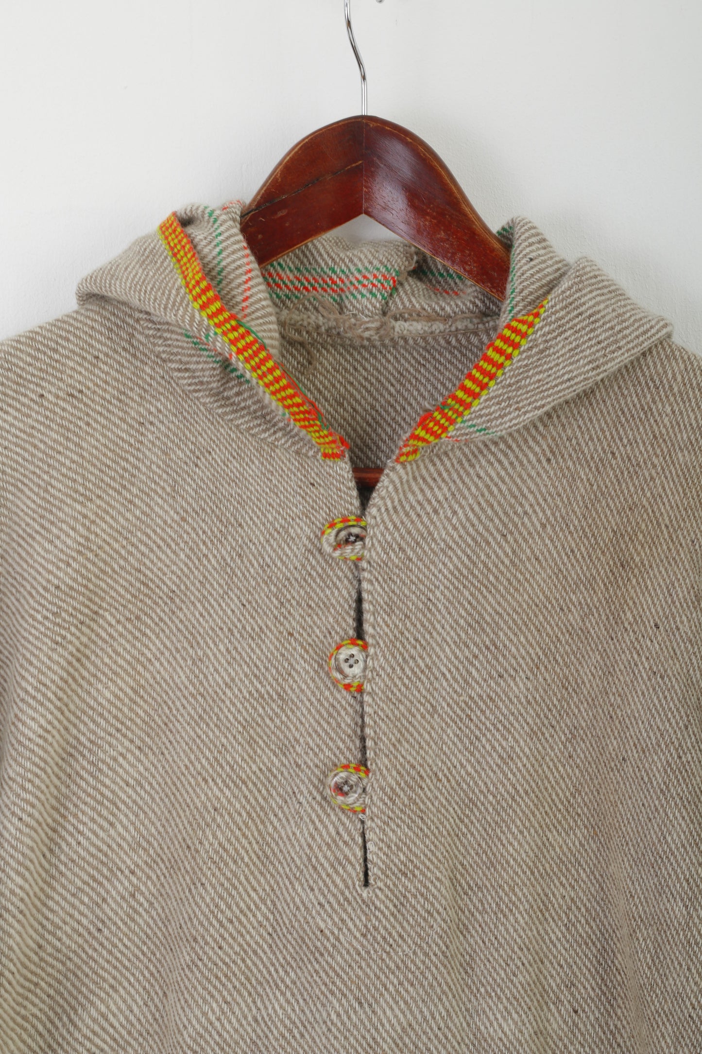 Vintage Men M Jumper Beige Handmade Boho Hooded Hippie Sweater