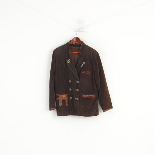 Vintage Women 44 XL Jacket Brown Leather Suede Tyrol Trachten Shoulder Pads Blazer