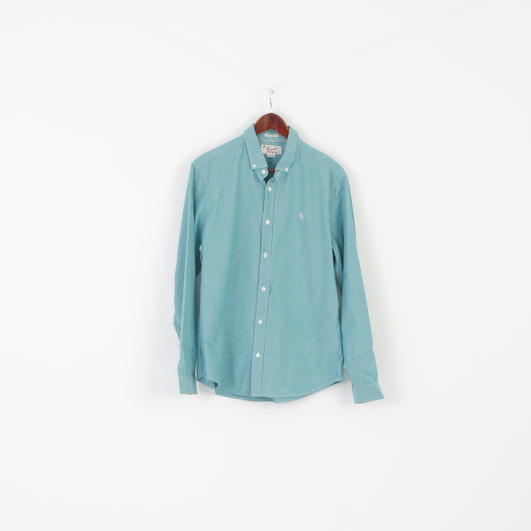 Penguin Men L Casual Shirt Turquoise Cotton Slim Fit Button Down Colla –  Retrospect Clothes