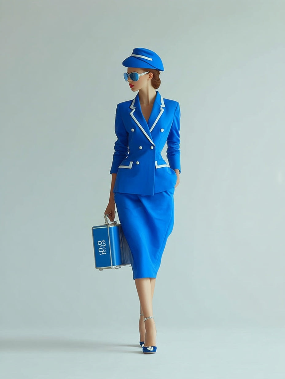 Vintage Women M Suit Blue Marine Jacket Skirt Set Elegant Hand Made