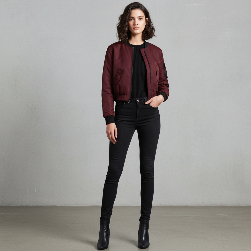 Eksept Women XS Jacket Burgundy Zip Up Cropped Nylon Bomber Streetwear Top