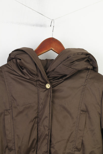 Zara Woman M Jacket Brown Padded Shiny Belted Warm  Hood Full Zipper Top