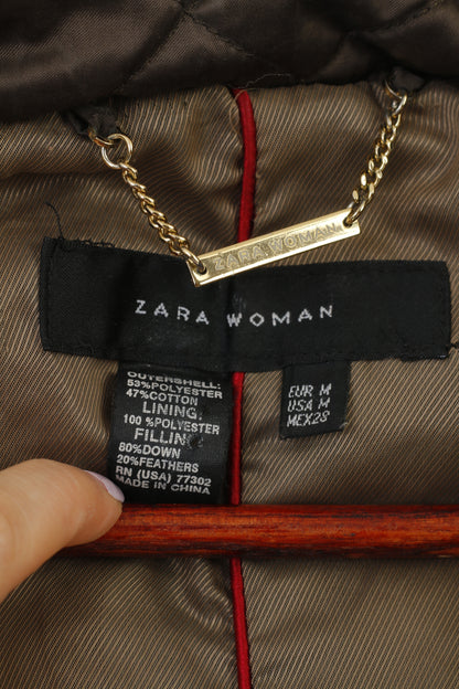 Zara Woman M Veste Marron Rembourré Brillant Ceinturé Chaud Capuche Pleine Fermeture Éclair