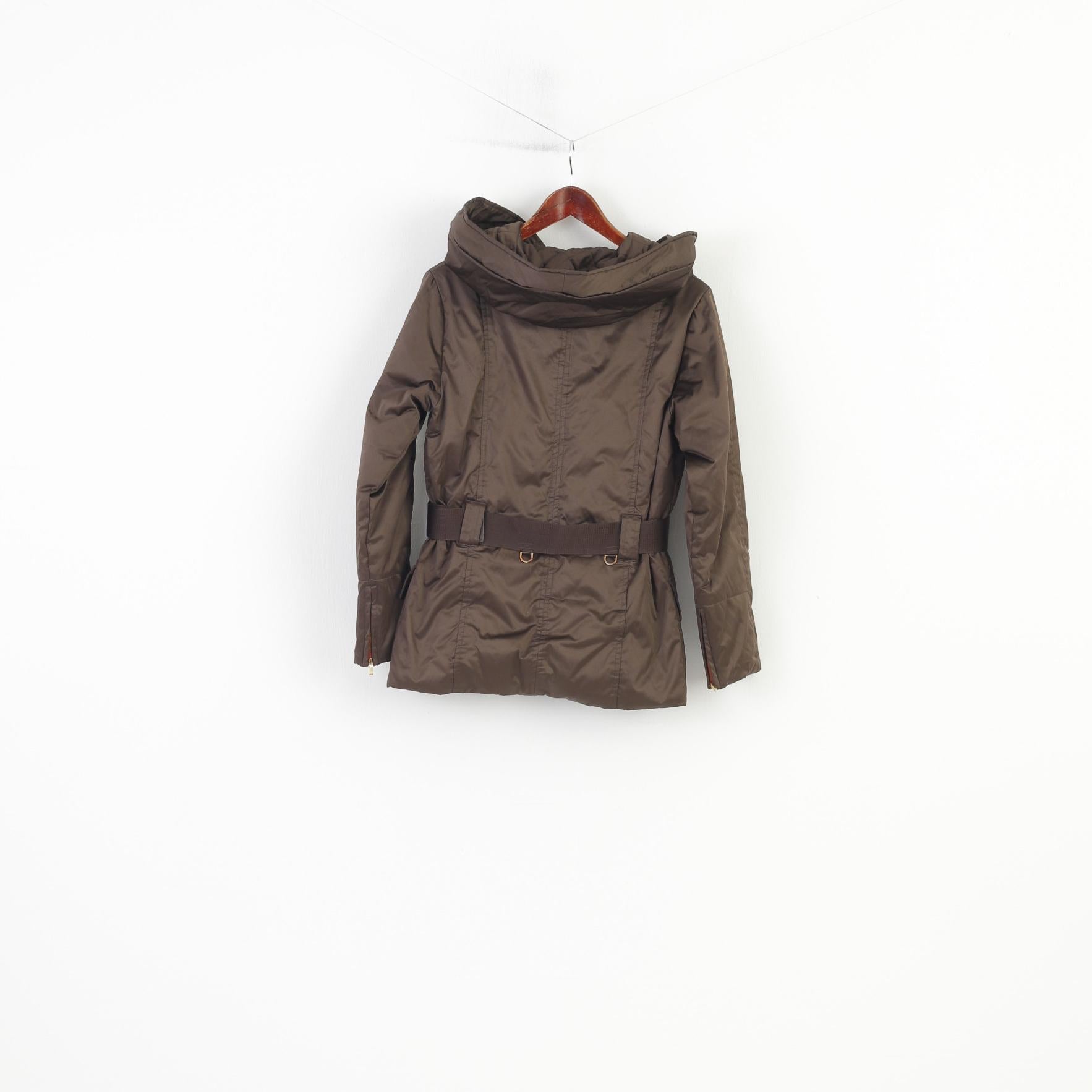 Zara Woman M Veste Marron Rembourré Brillant Ceinturé Chaud Capuche Pleine Fermeture Éclair