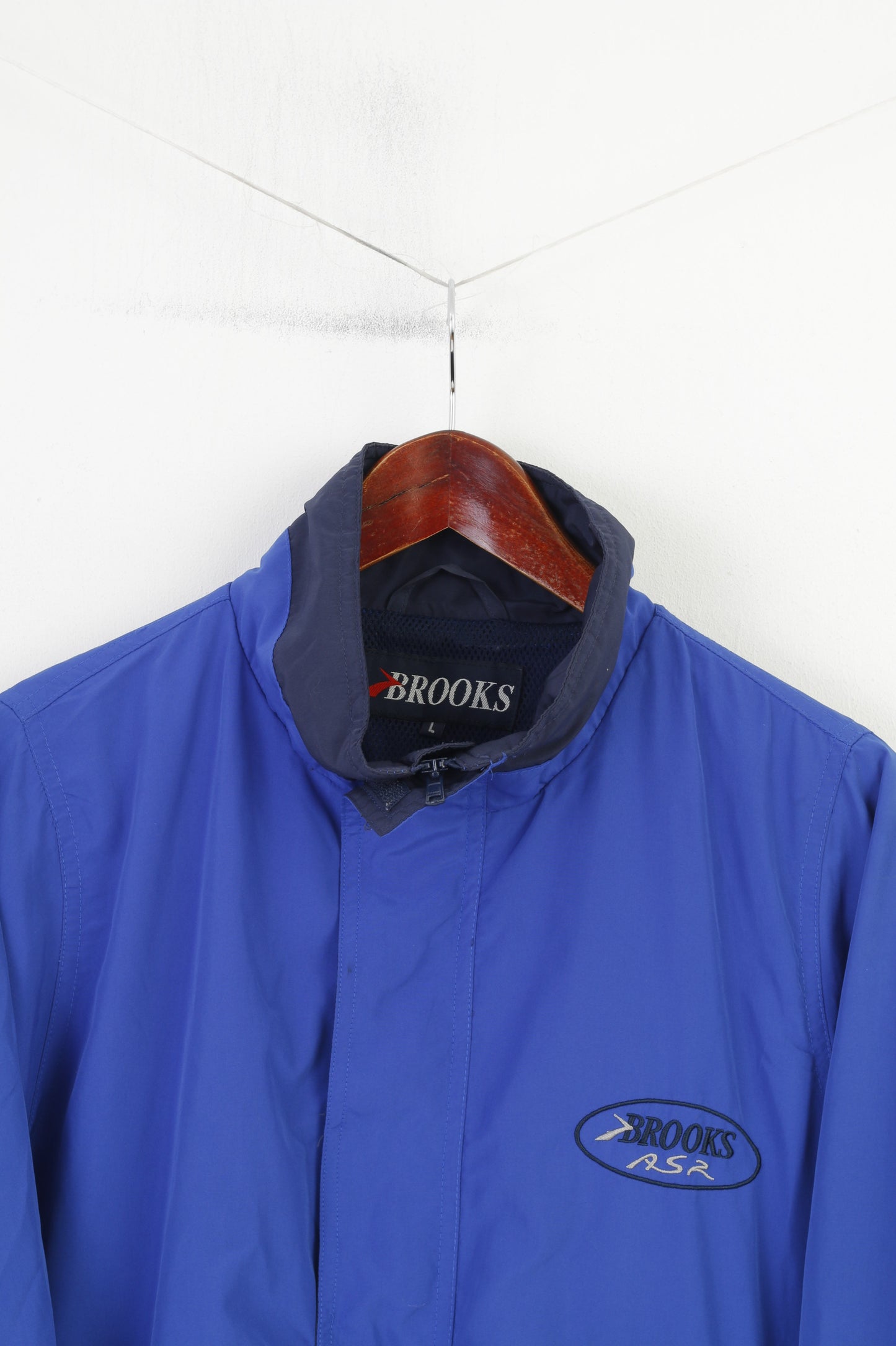 Brooks Men L Jacket Blue Navy Sport Lightweight Full Zipper Vintage Top