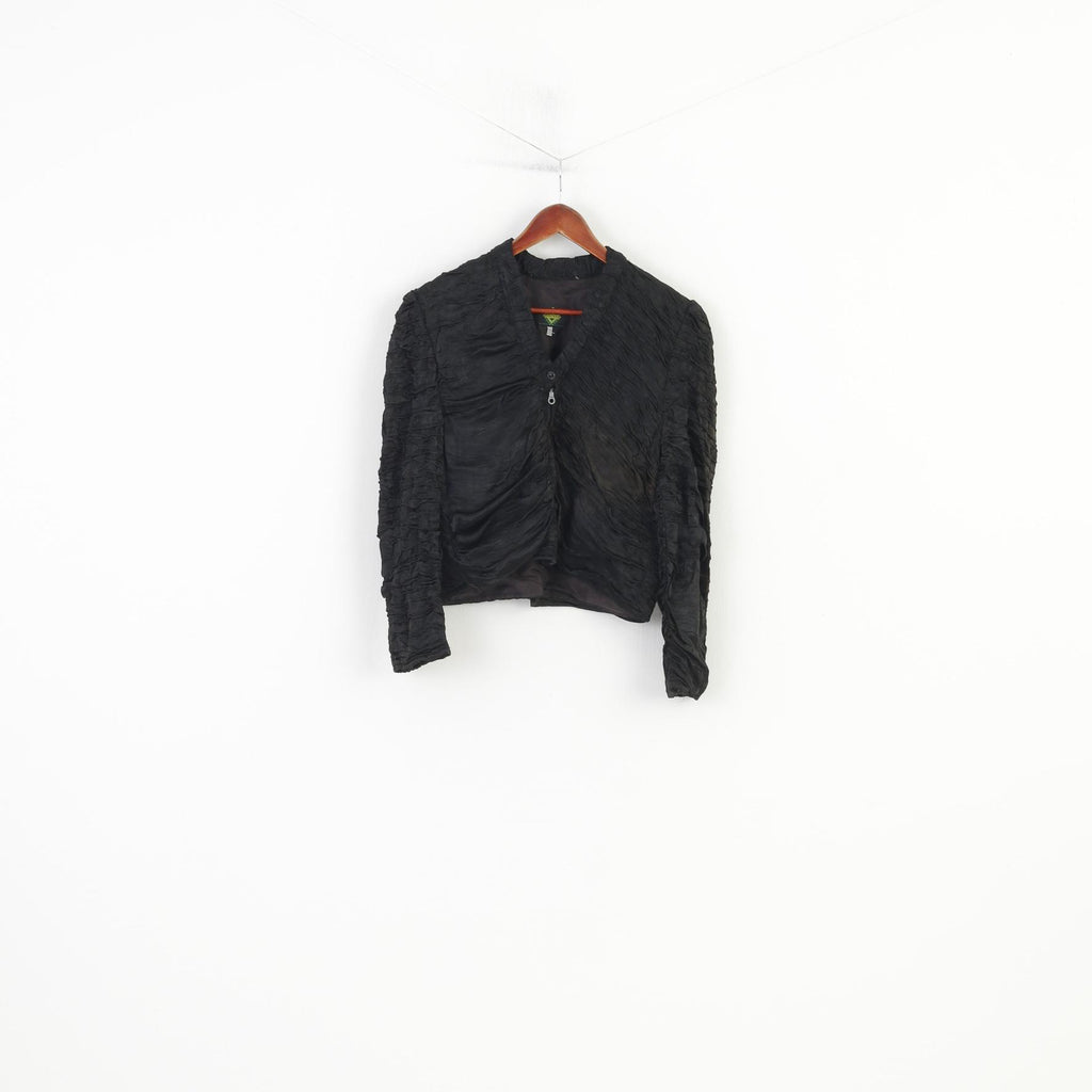 Evateks Women 1 L Jacket Bolero Black Full Zipper Puff Sleeve Vintage Retro Cropped Creases Top