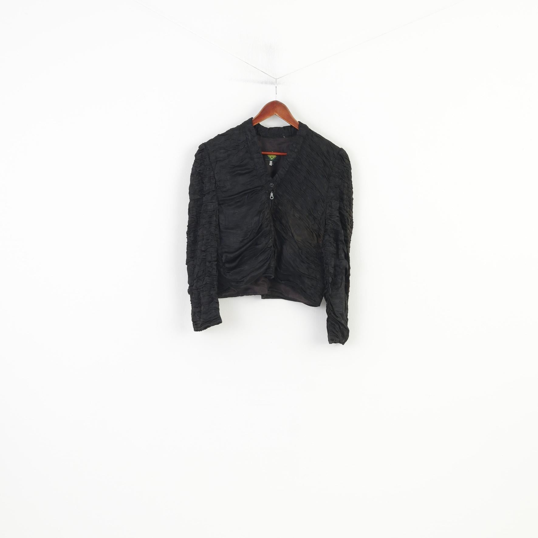 Evateks Women 1 L Jacket Bolero Black Full Zipper Puff Sleeve Vintage Retro Cropped Creases Top