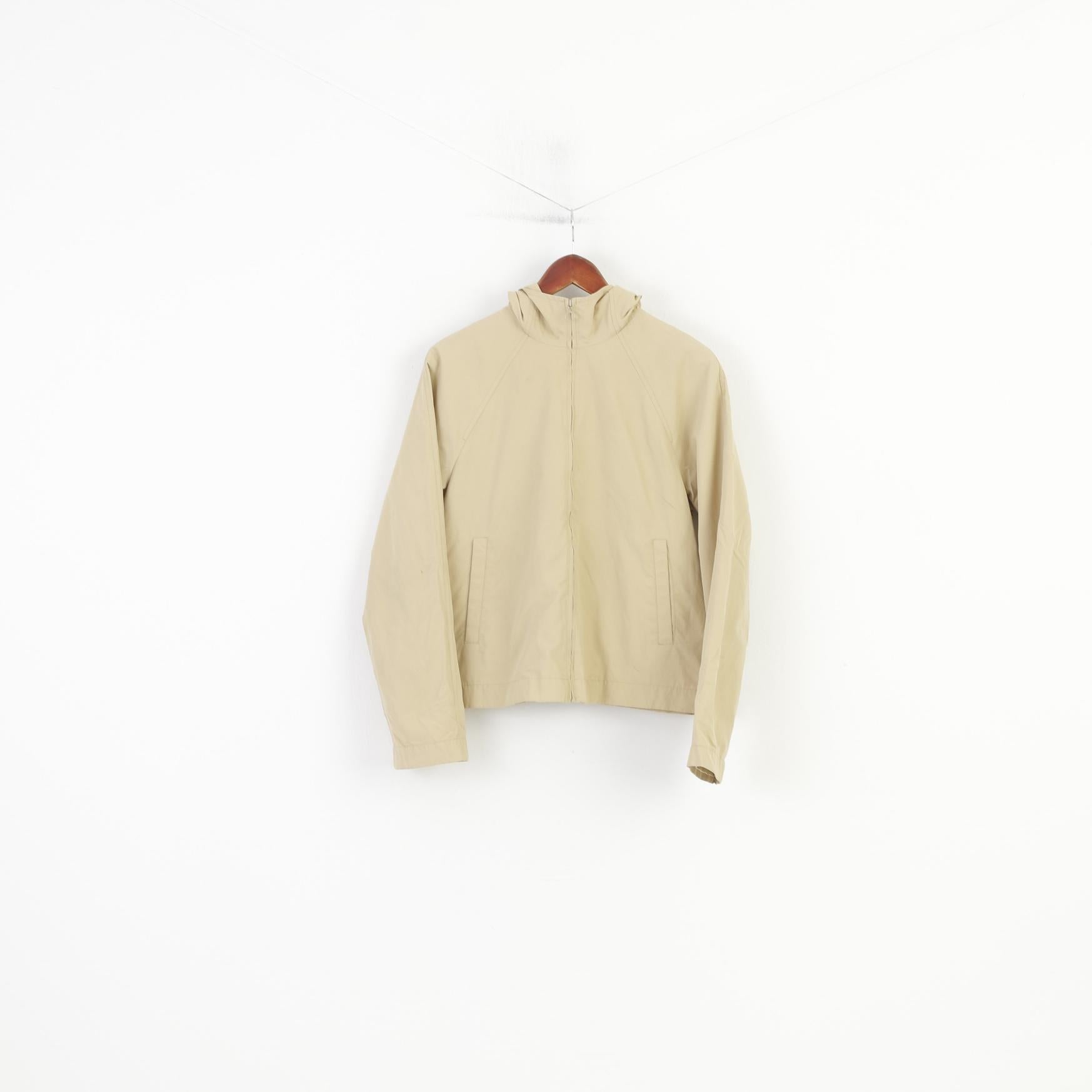 United Colors Of Benetton Women L Jacket Hood Nylon Cotton Waterproof Full Zipper Beige Vintage Top