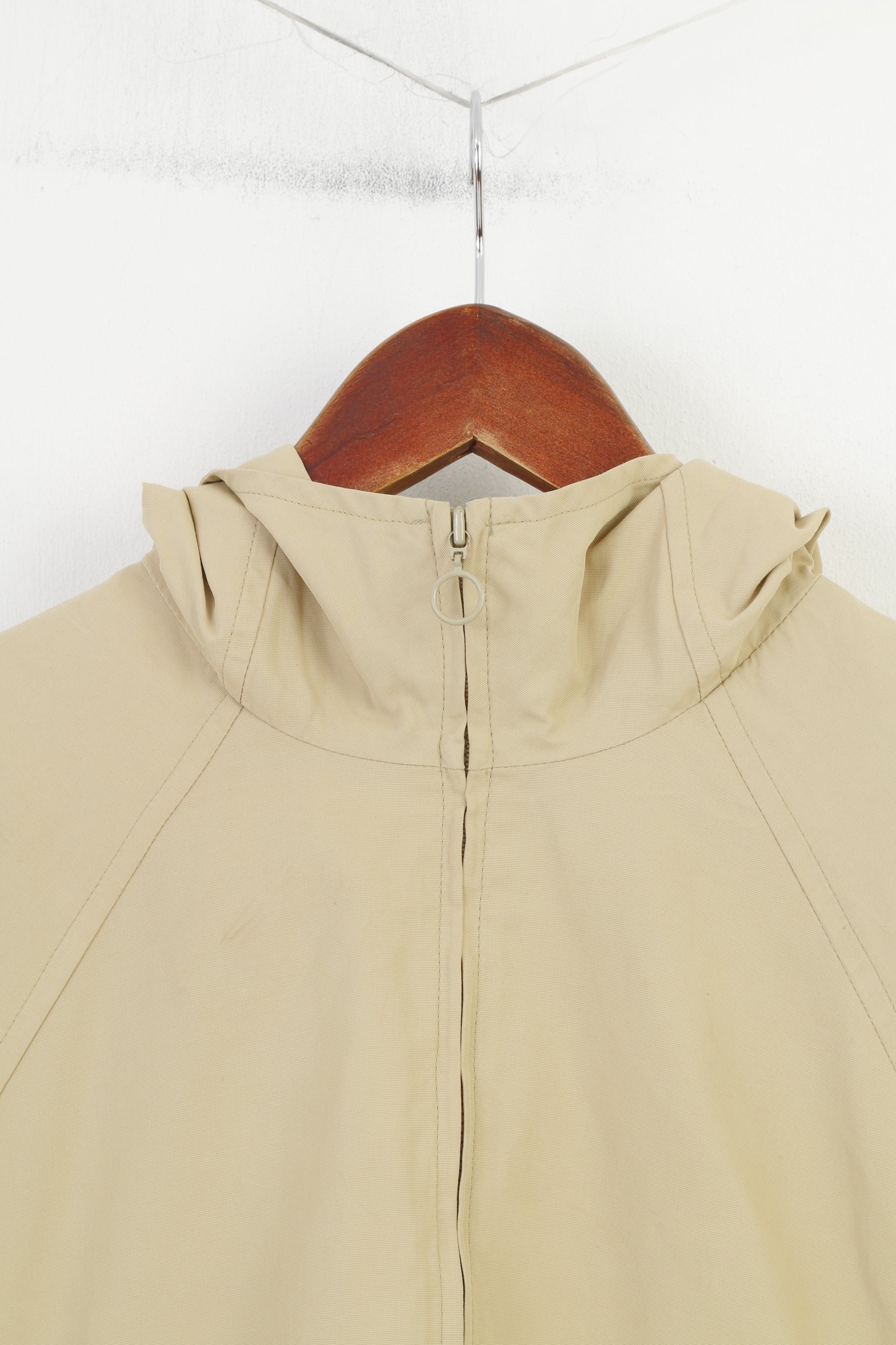 United Colors Of Benetton Women L Jacket Hood Nylon Cotton Waterproof Full Zipper Beige Vintage Top