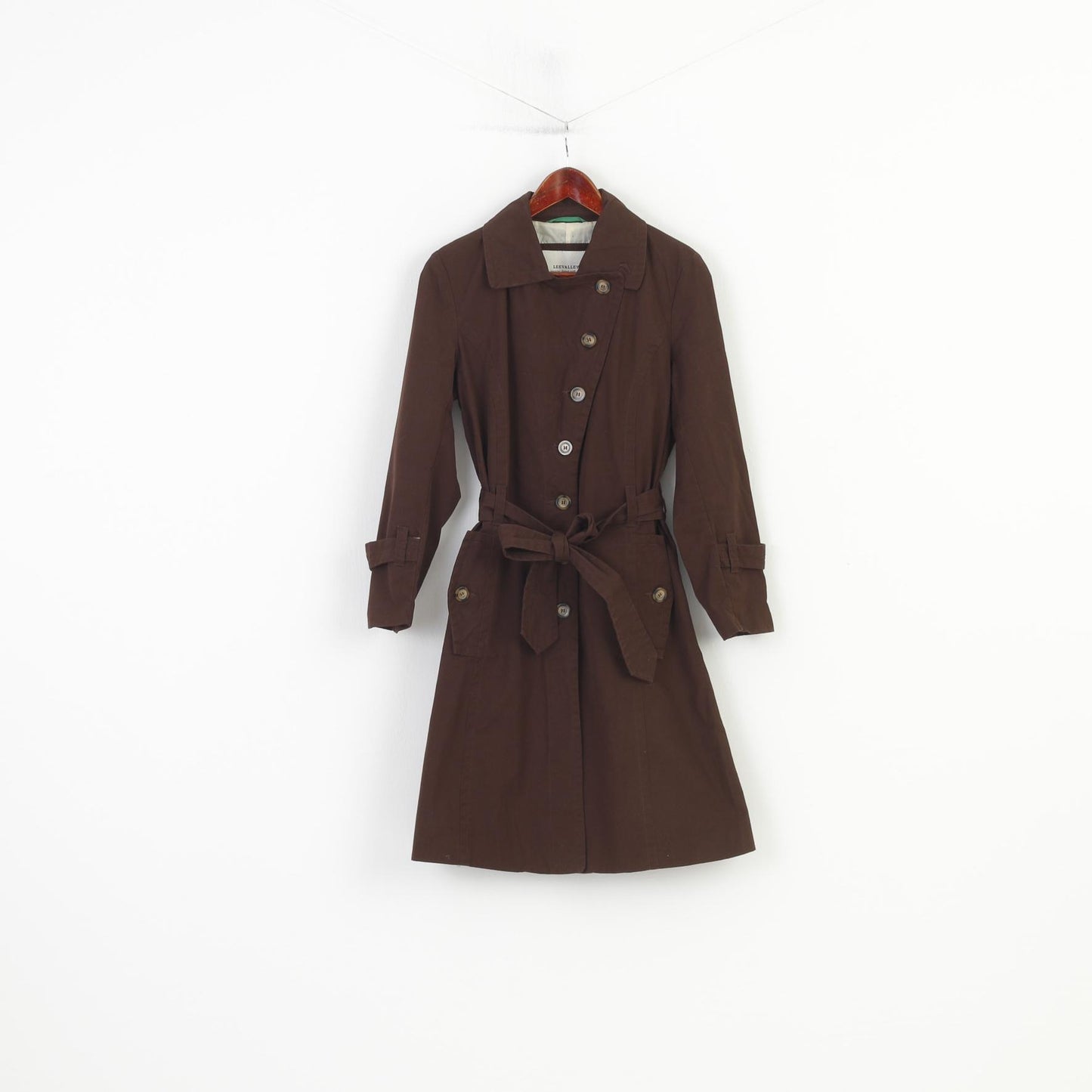 Leevalley Women M Coat Brown Trench Cotton Single Breasted Bottoms Collar Country Belt Jacket