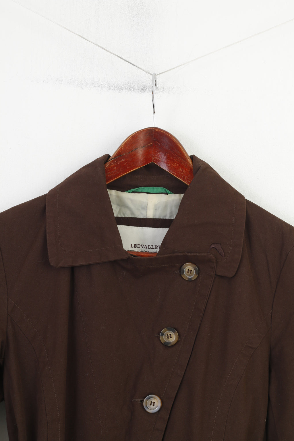 Leevalley Women M Coat Brown Trench Cotton Single Breasted Bottoms Collar Country Belt Jacket
