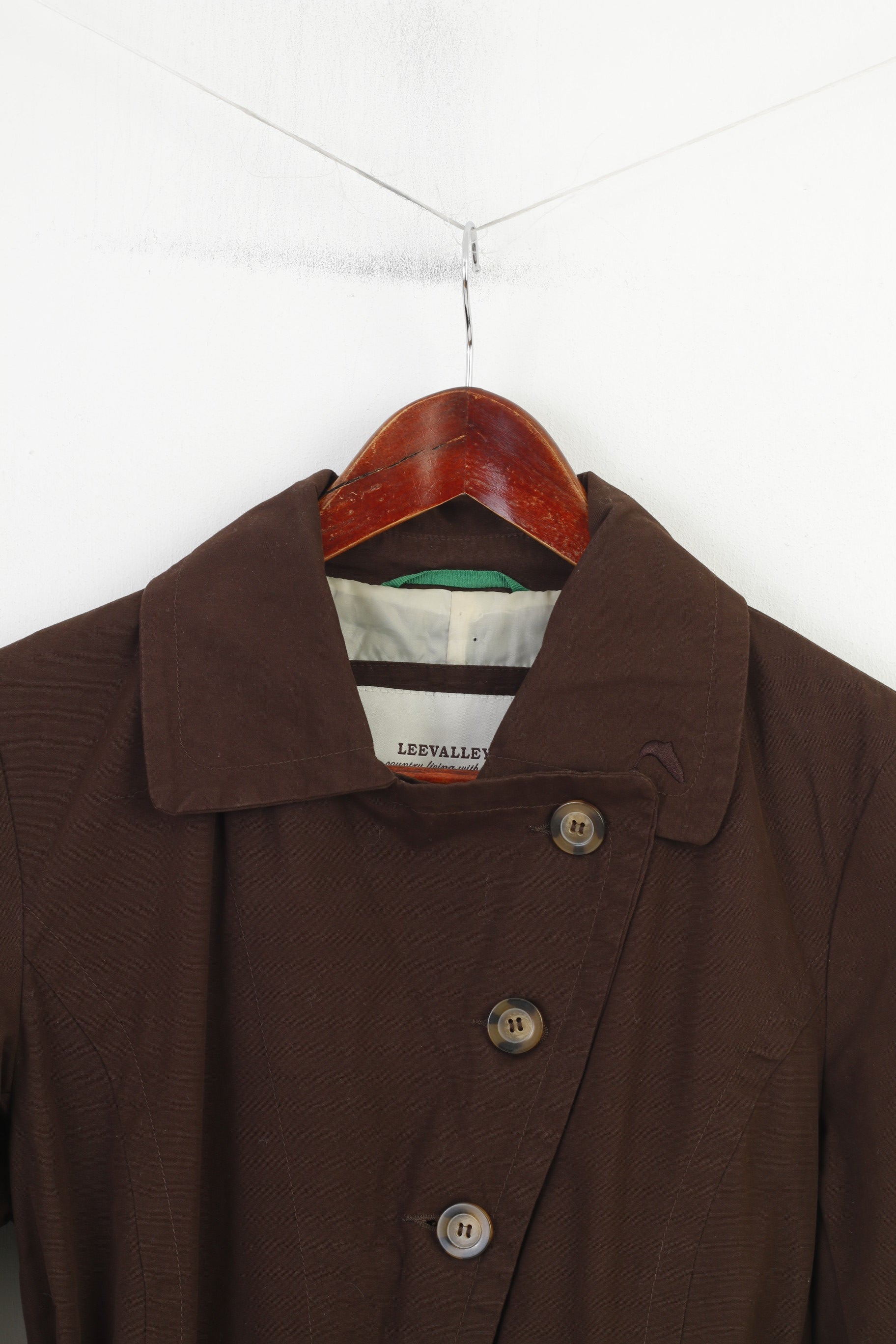 Leevalley Women M Coat Brown Trench Cotton Single Breasted Bottoms Collar Country Belt Jacket