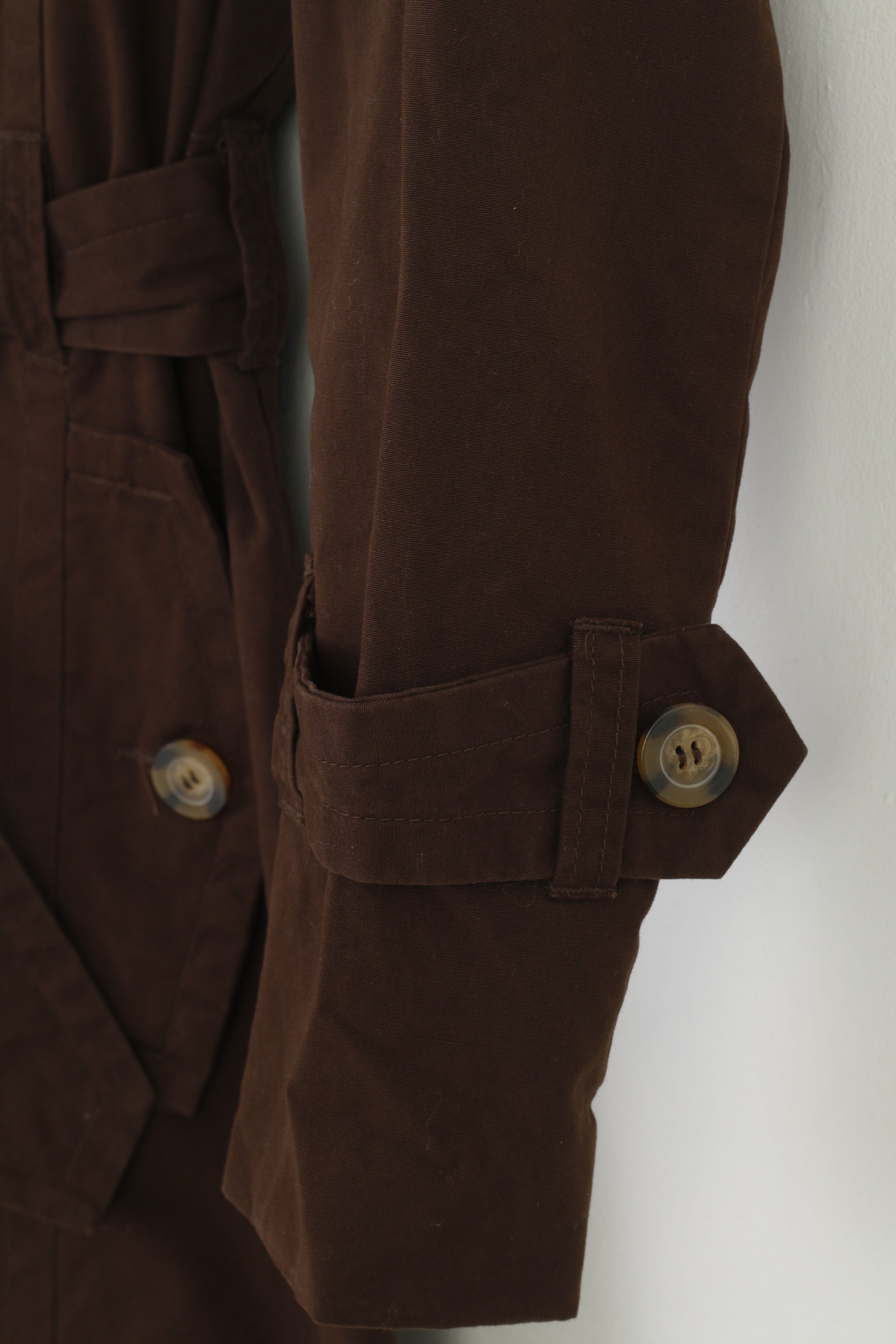 Leevalley Women M Coat Brown Trench Cotton Single Breasted Bottoms Collar Country Belt Jacket