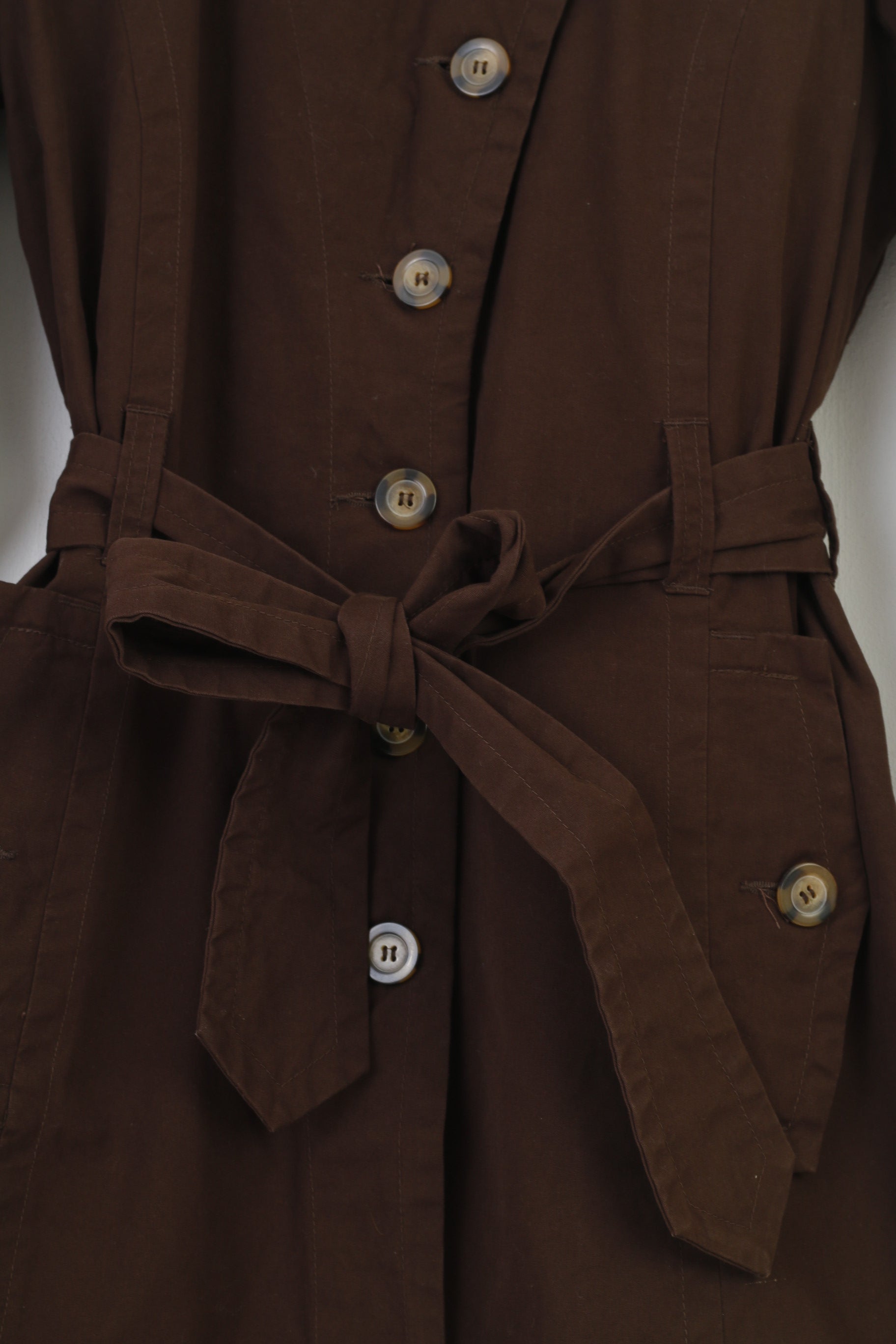 Leevalley Women M Coat Brown Trench Cotton Single Breasted Bottoms Collar Country Belt Jacket