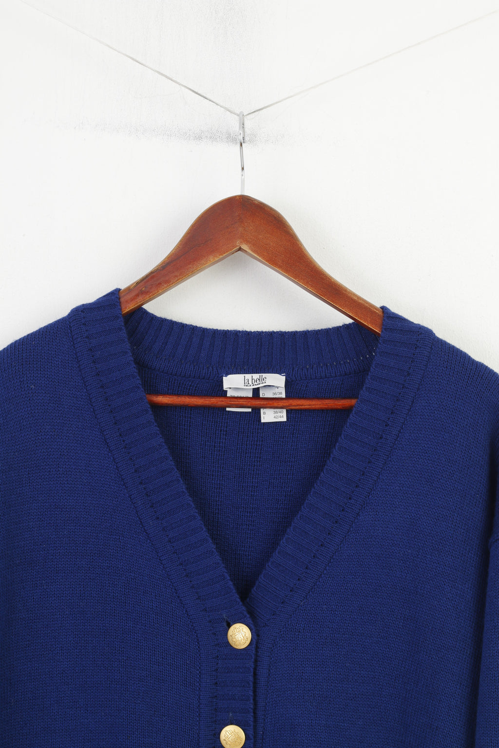 La Belle Femme 12 L Jumper Cardigan Bleu Or Boutons Laine Italie Vintage Création Top
