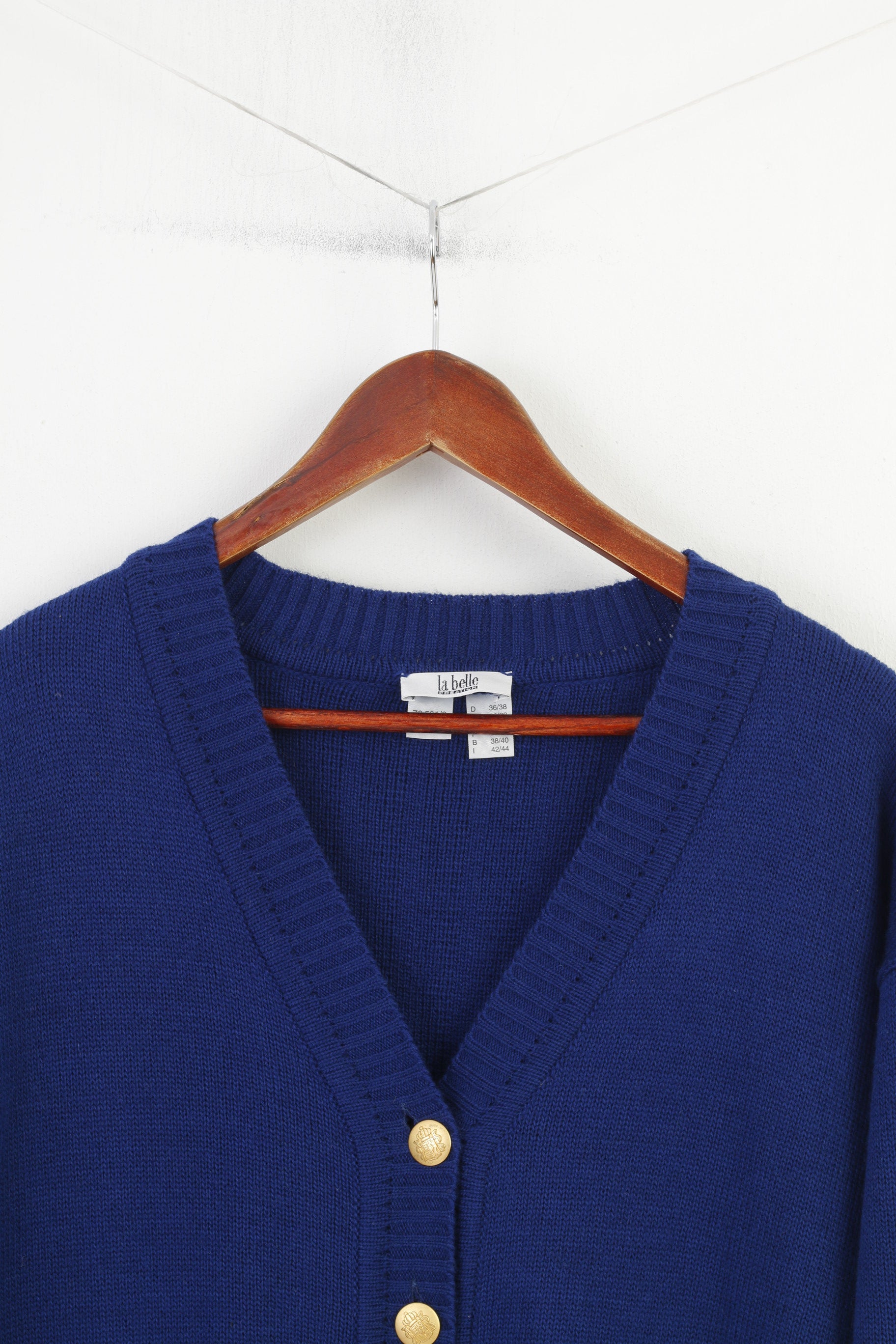 La Belle Women 12 L Jumper Cardigan Blue Gold Buttons Wool Italy Vintage Creation Top