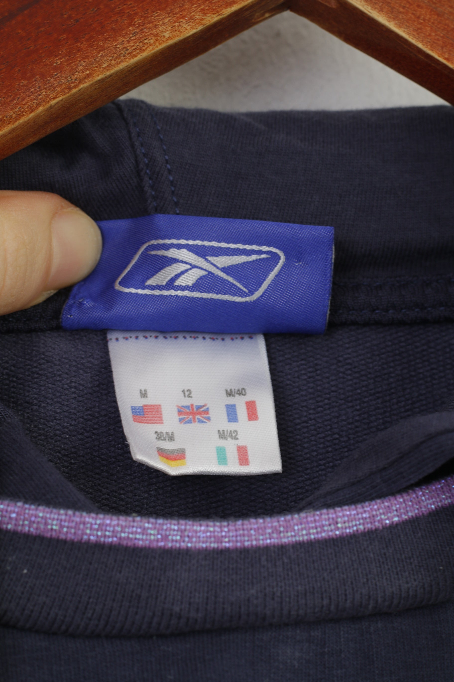 Reebok Women 12 M Sweatshirt Hooded  Navy Cotton Sportswear Vintage Hood Kangaroo Top