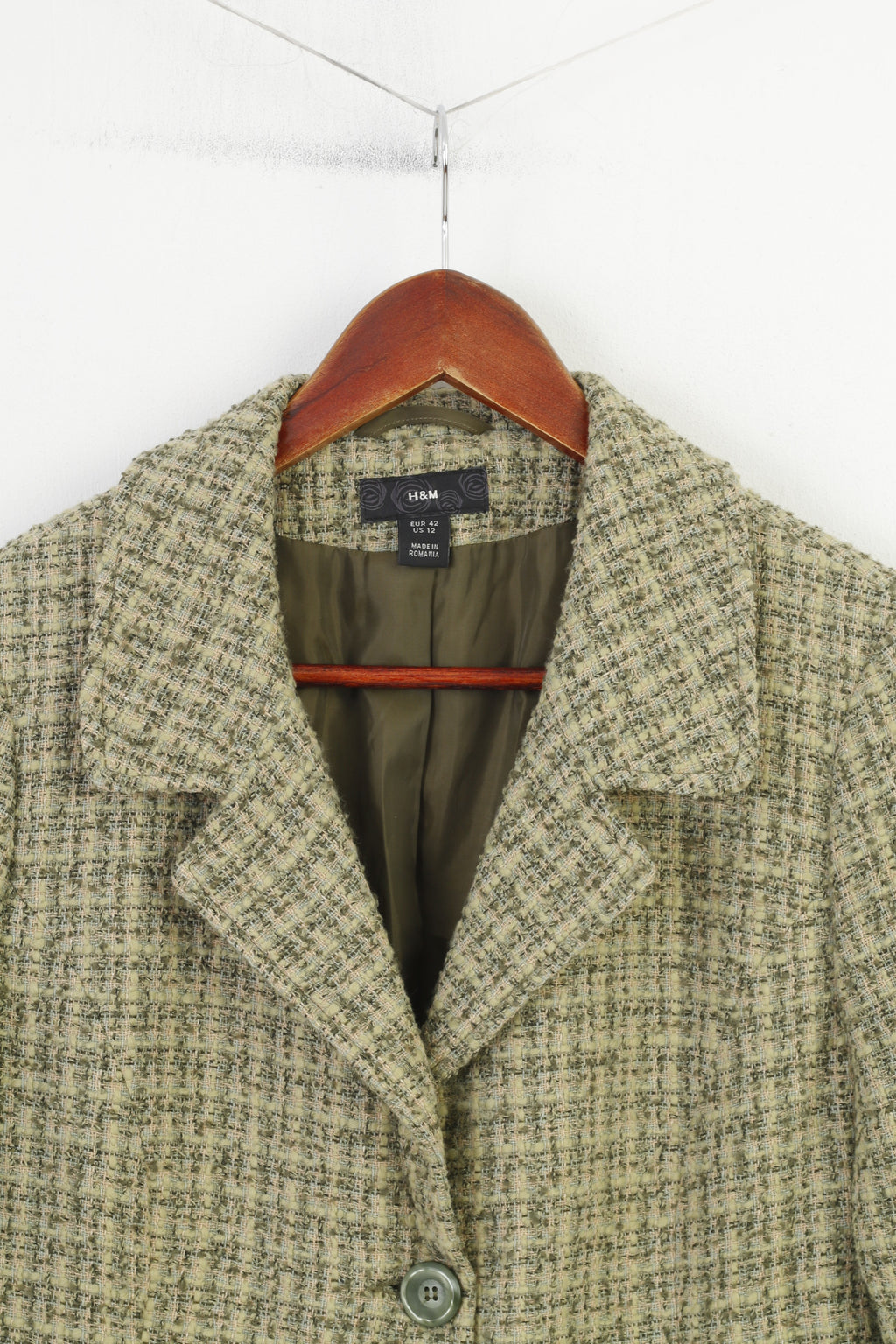 H&M Women 42 L Blazer Green Checkered  Single Breasted Pockets 7/8 Sleeve Bottoms Vintage Jacket