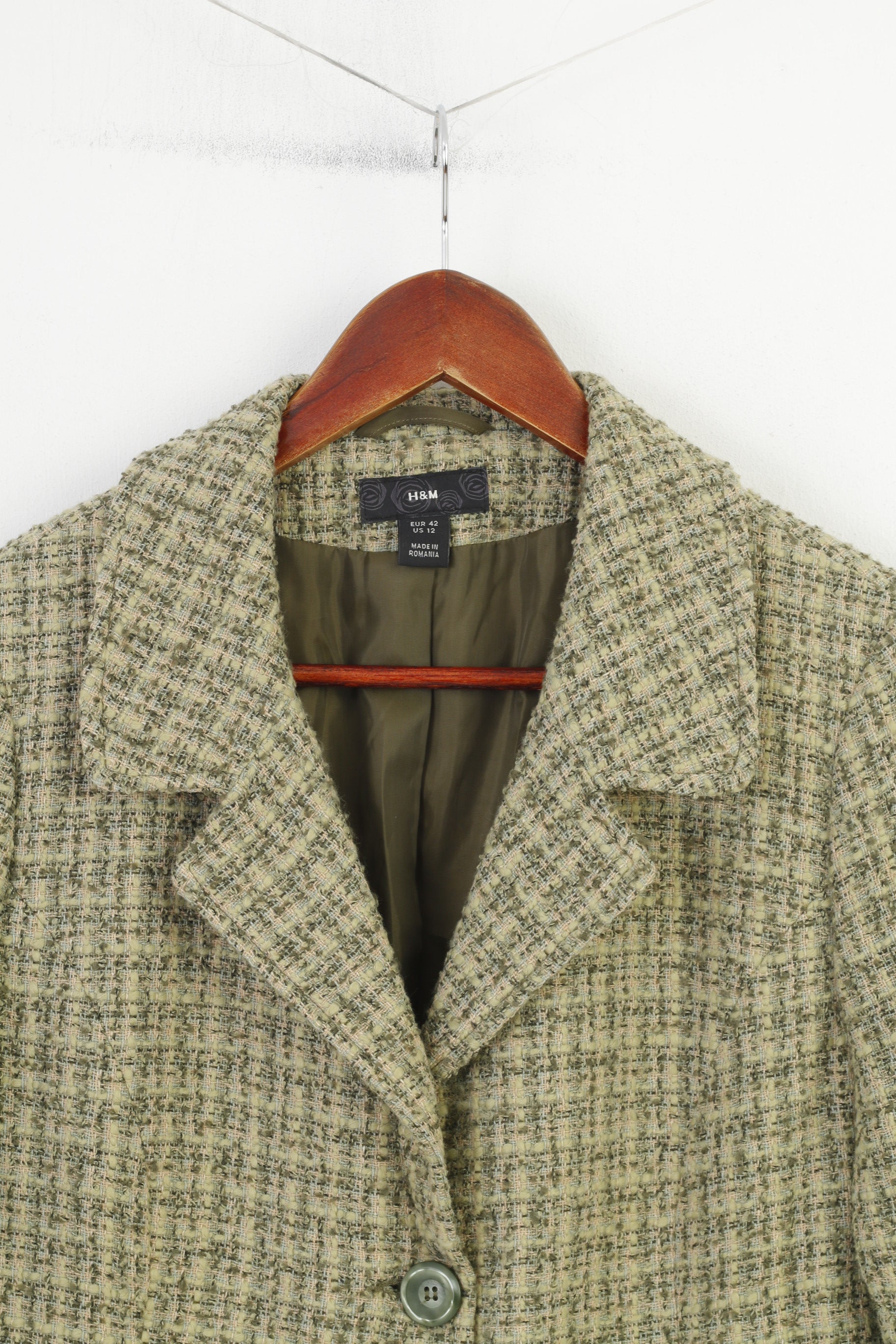 H&M Women 42 L Blazer Green Checkered  Single Breasted Pockets 7/8 Sleeve Bottoms Vintage Jacket