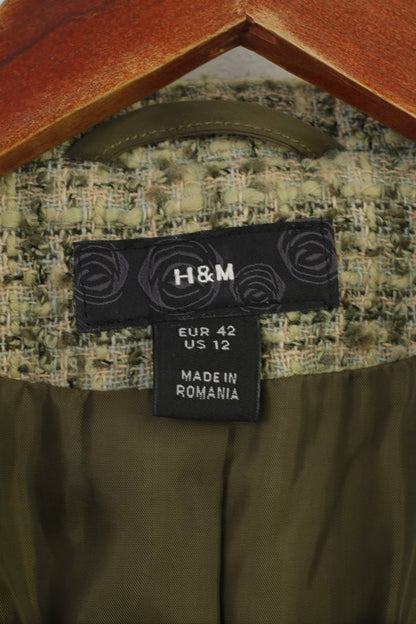 H&M Women 42 L Blazer Green Checkered  Single Breasted Pockets 7/8 Sleeve Bottoms Vintage Jacket